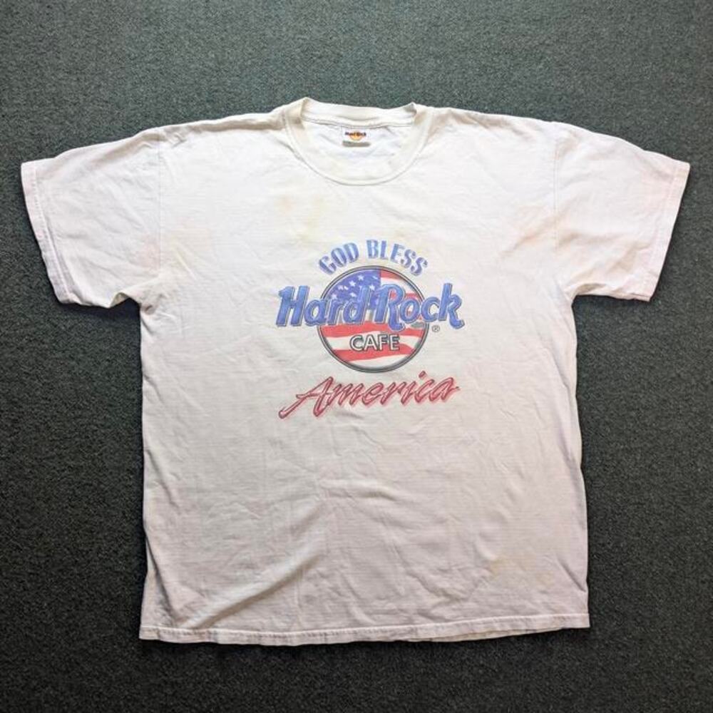 VINTAGE 90s Hard Rock Cafe God Bless America Patriotic T-Shirt White Large
